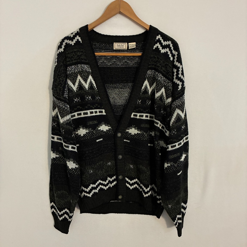 Vtg Bugle Boy Company Knit Cardigan Sweater Men L Geometric Grandpa Cosby Preppy